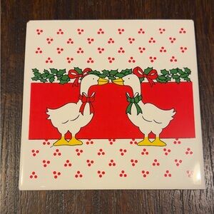 Vintage Ceramic Tile Country Geese Goose Duck Christmas Bows Red Holly Berry